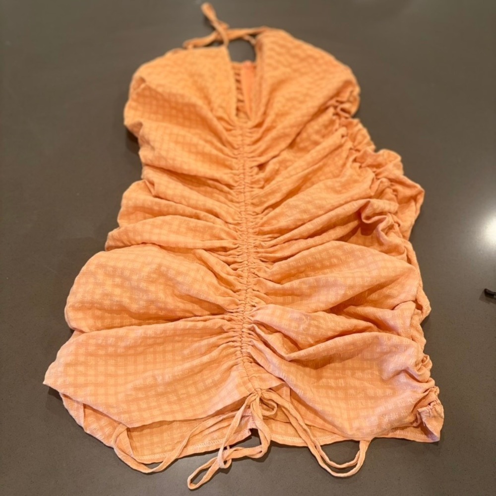 PrettyLittleThing Orange Gingham Ruched Bodycon Mini Dress Womens Size 10